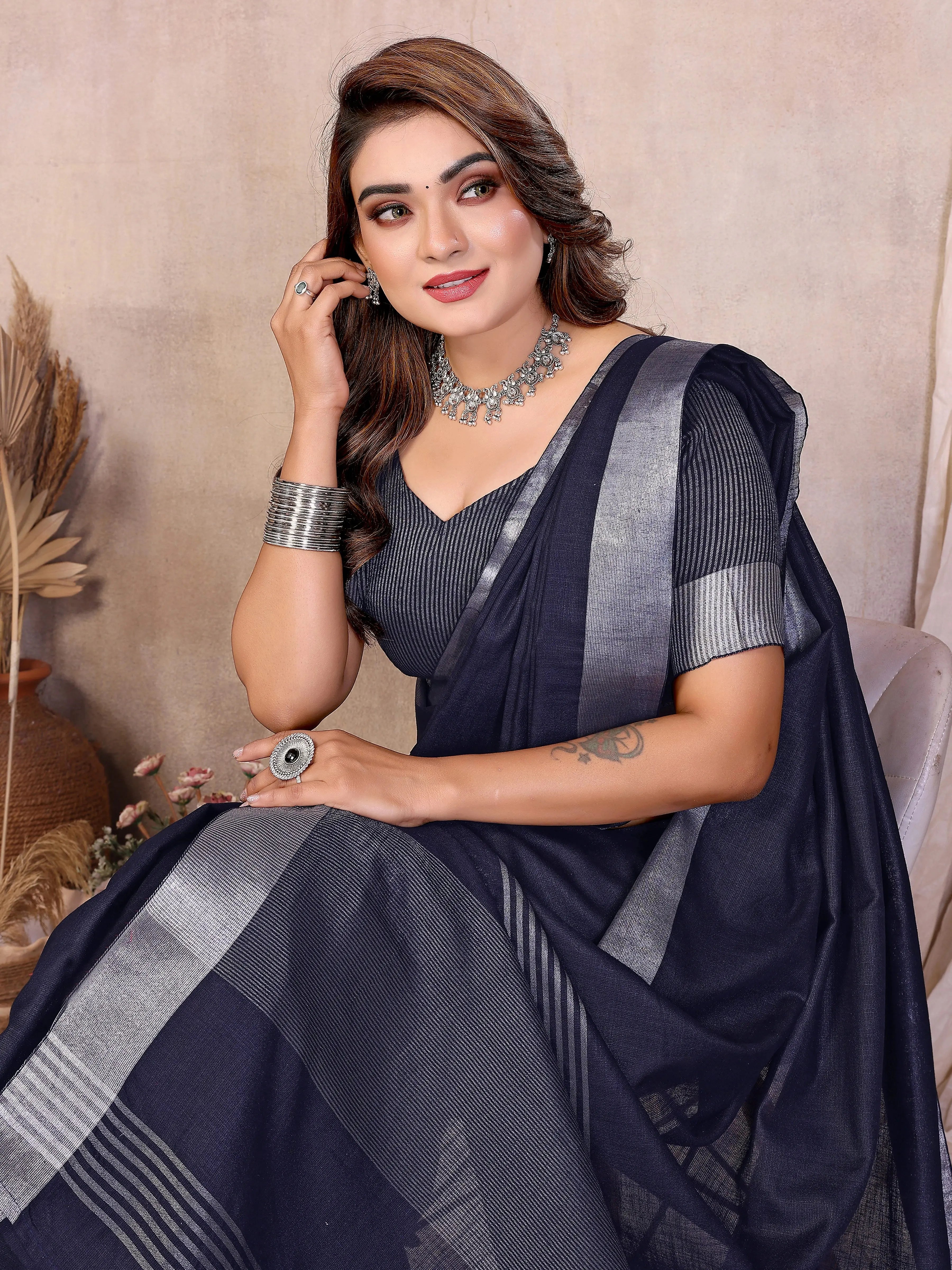 Navy blue silver zari border linen cotton saree – Kalyanja.